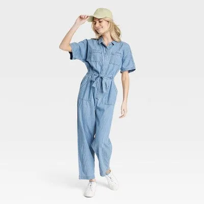 Universal Thread Women's Button Down Short Sleeve Jumpsuits Front Ties, Blue