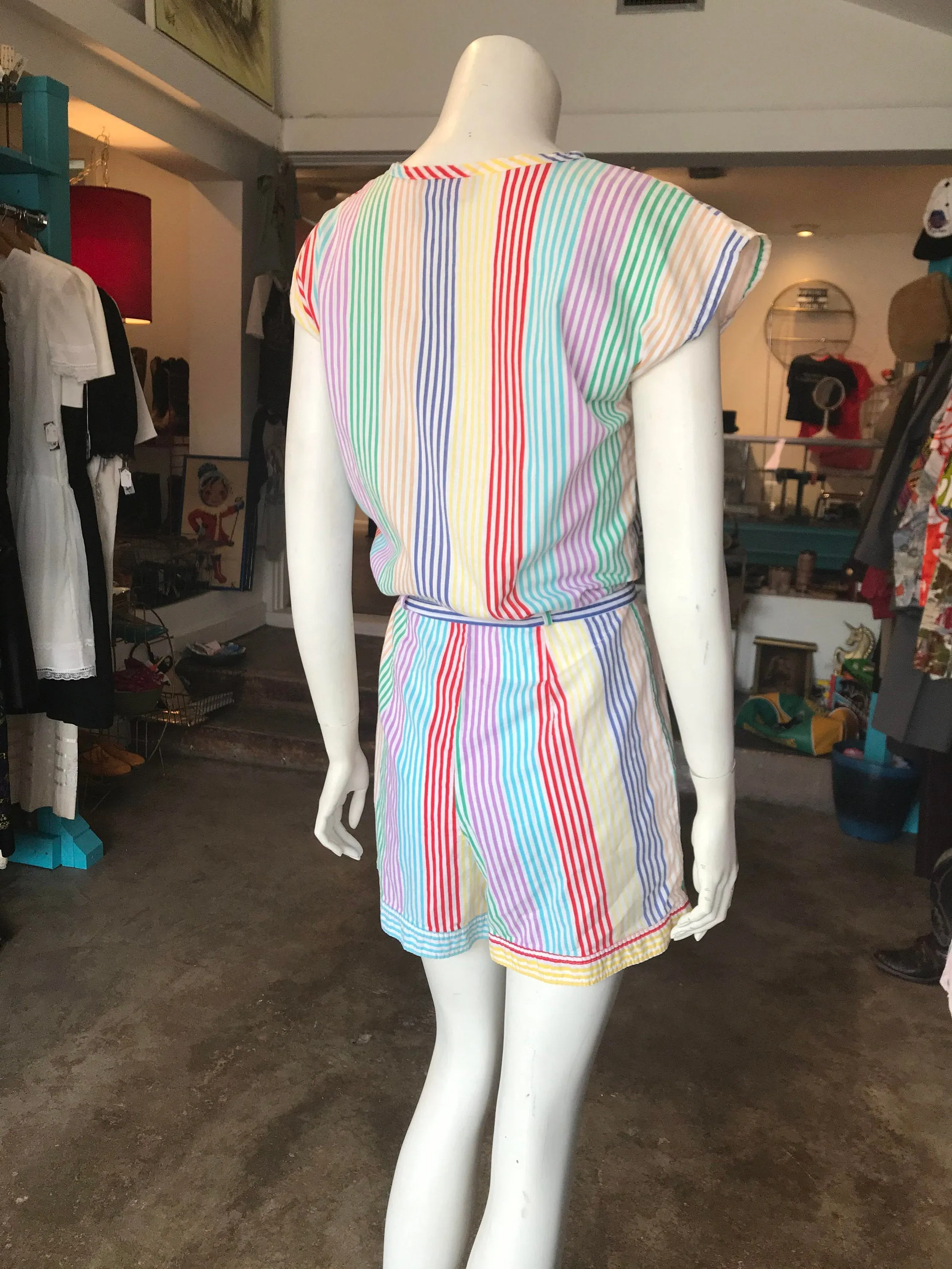 Vintage 1970s Rainbow Striped Cotton Summer Playsuit/Romper/One Piece/Jumpsuit Size Small