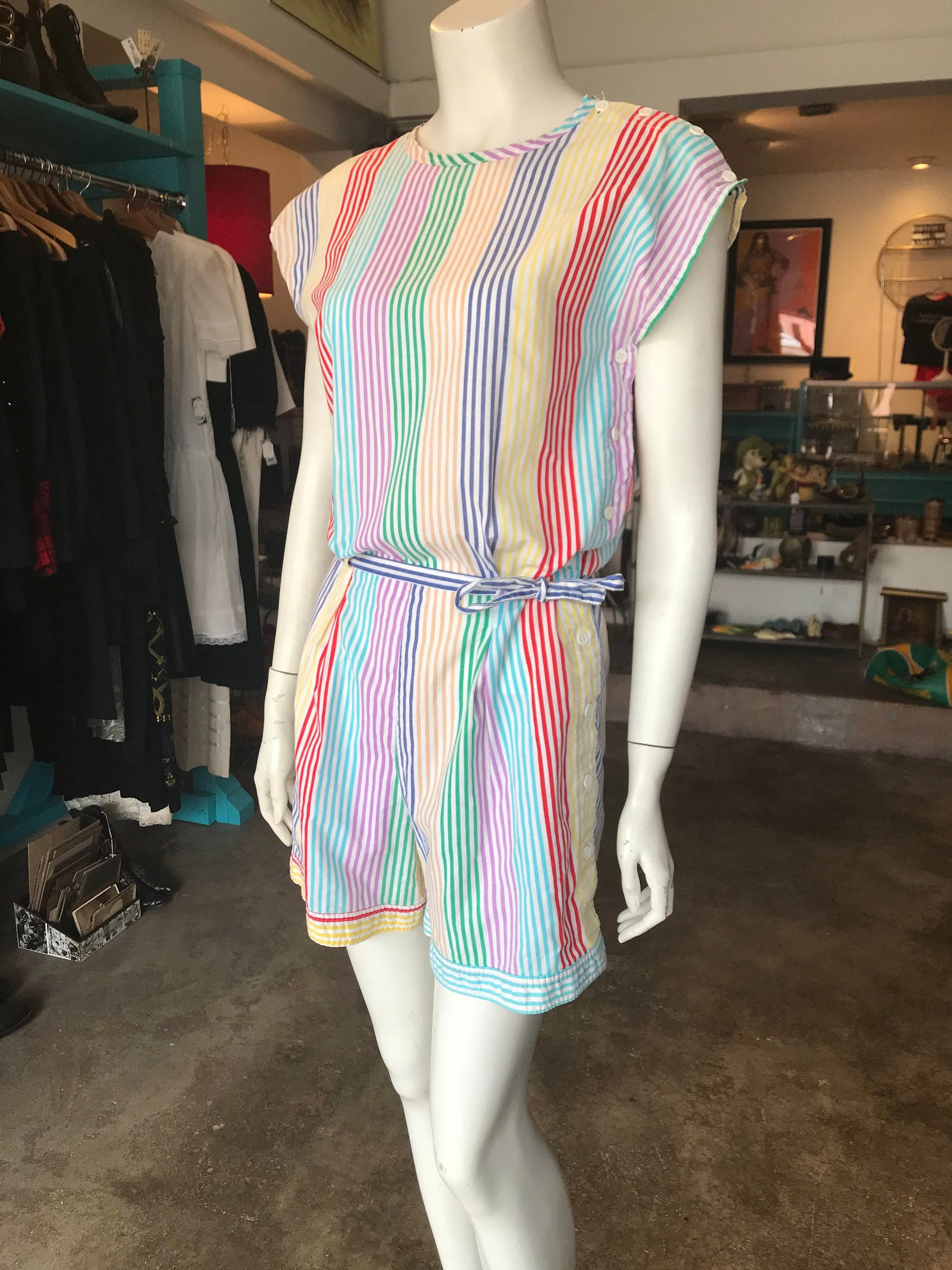 Vintage 1970s Rainbow Striped Cotton Summer Playsuit/Romper/One Piece/Jumpsuit Size Small