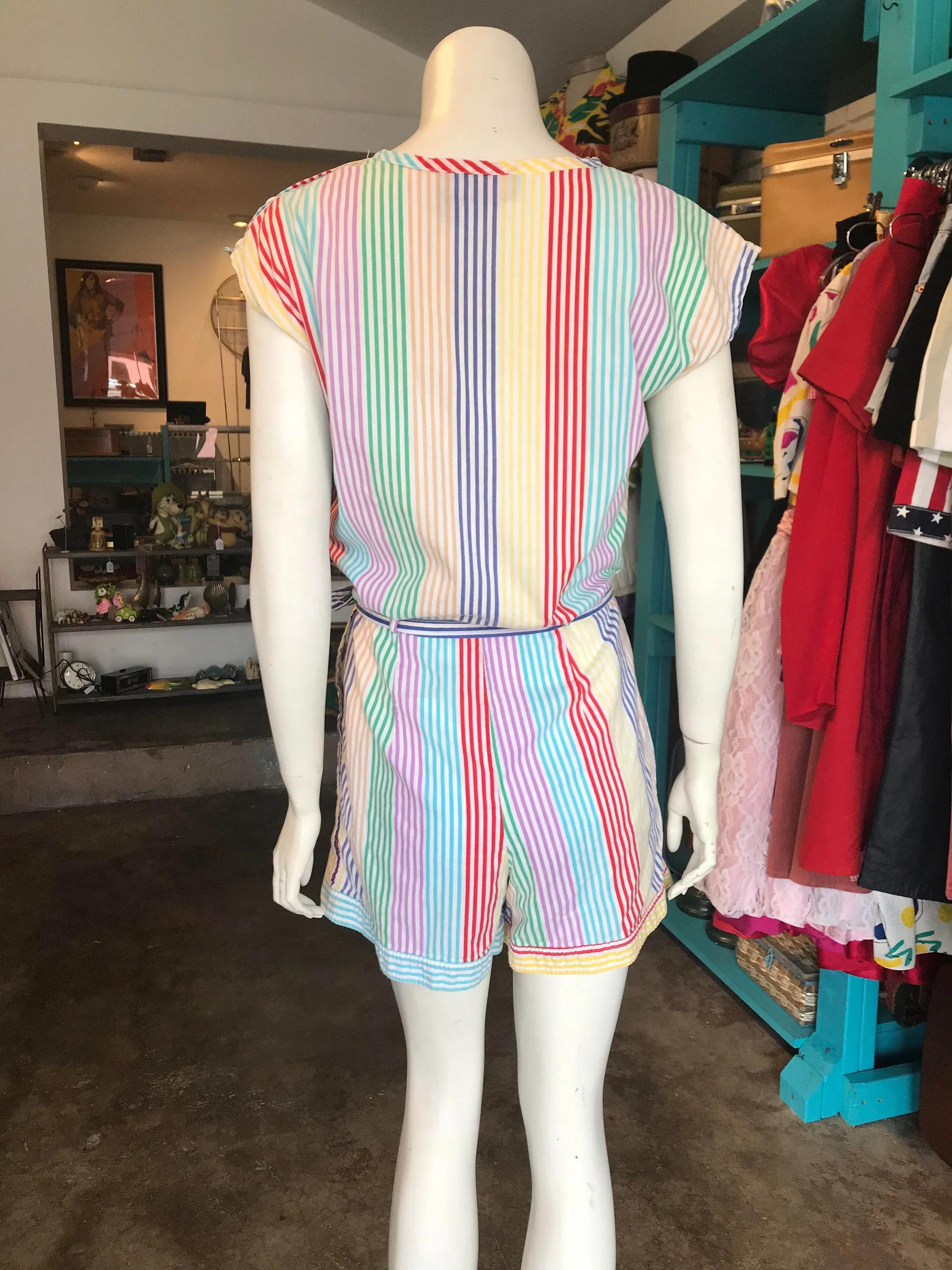 Vintage 1970s Rainbow Striped Cotton Summer Playsuit/Romper/One Piece/Jumpsuit Size Small