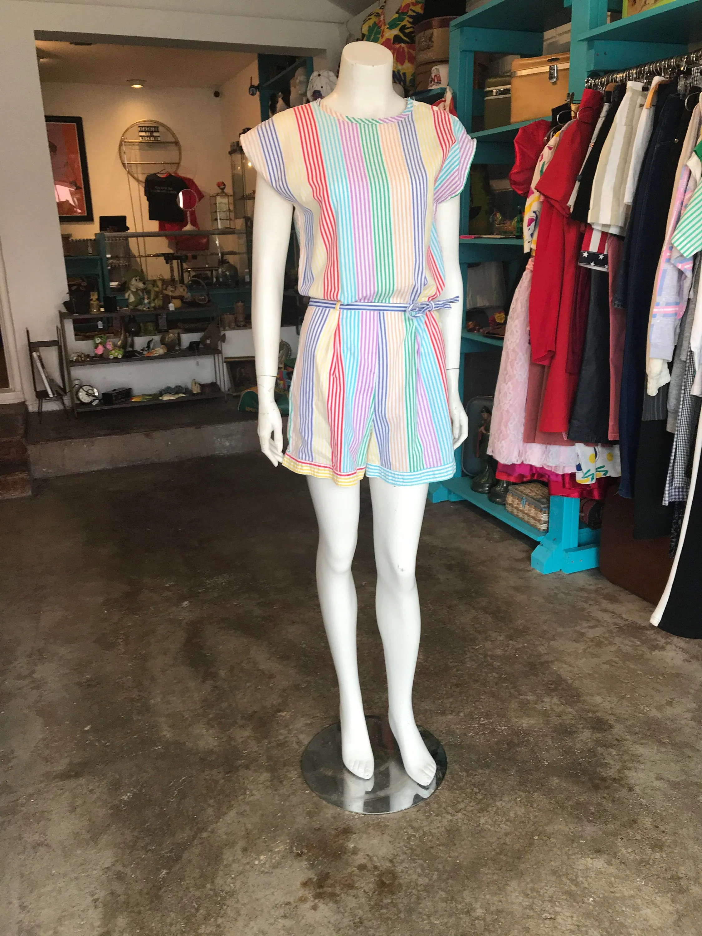 Vintage 1970s Rainbow Striped Cotton Summer Playsuit/Romper/One Piece/Jumpsuit Size Small