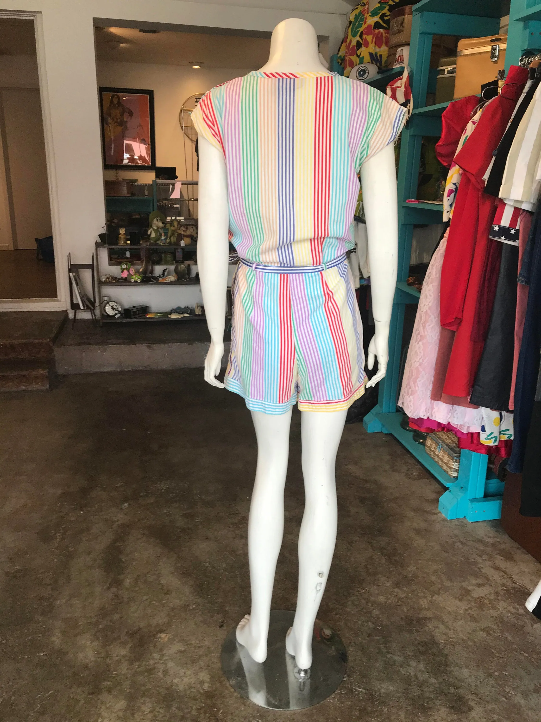 Vintage 1970s Rainbow Striped Cotton Summer Playsuit/Romper/One Piece/Jumpsuit Size Small