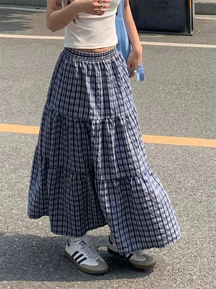 Vintage Ruffled Plaid Elastic Waist A-Line Skirt