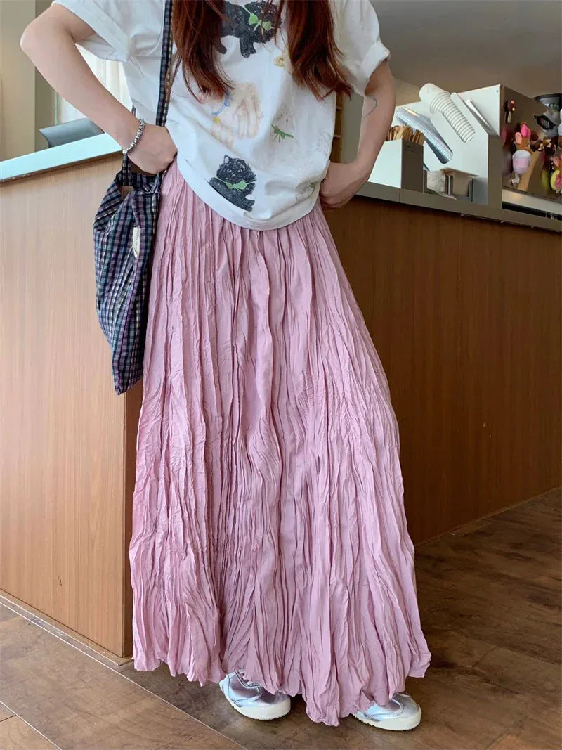 Vintage Solid Pleated Long A-Line Skirt