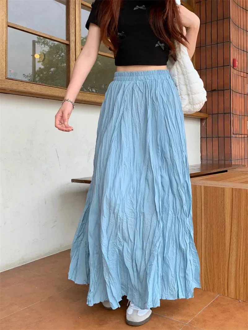 Vintage Solid Pleated Long A-Line Skirt