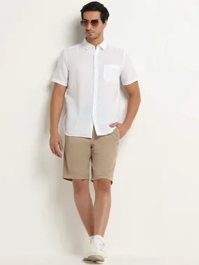 WES Casuals Beige Relaxed Fit Bermuda Blended Linen Shorts