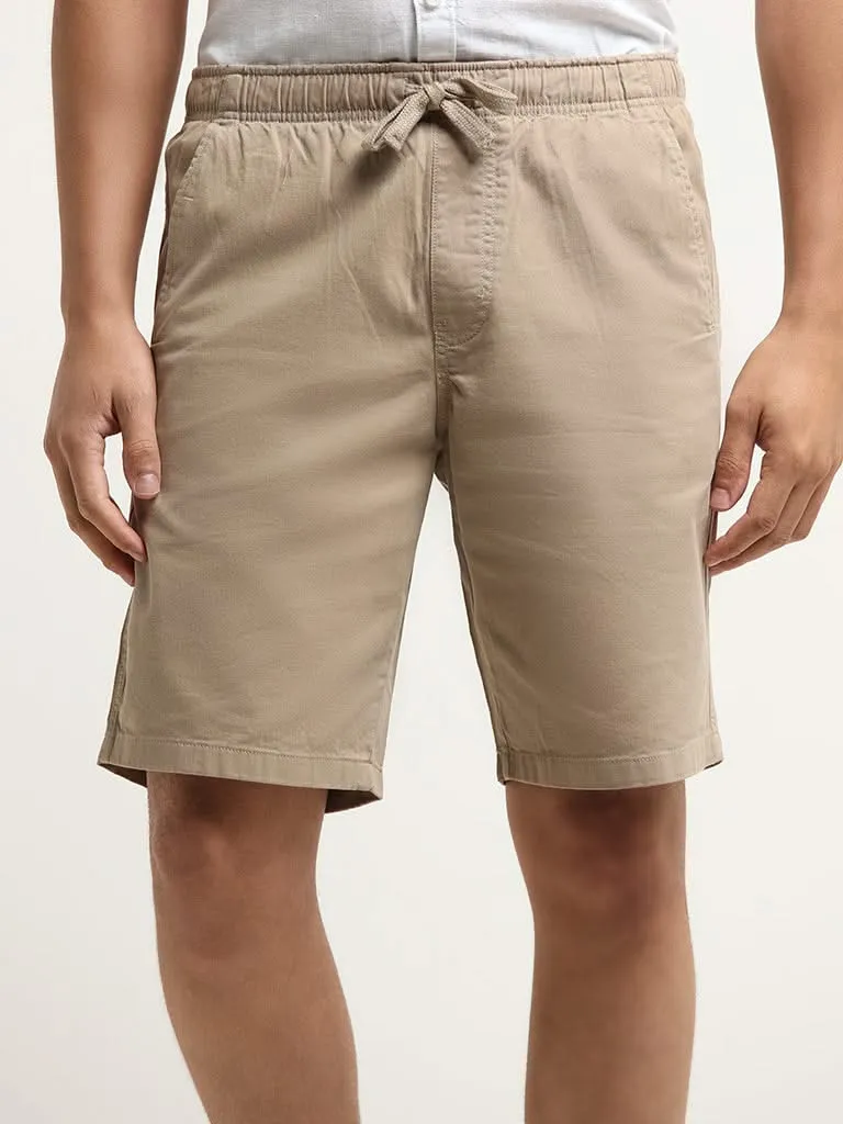 WES Casuals Beige Relaxed Fit Bermuda Blended Linen Shorts