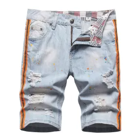 West Louis™ Neon Side Stripe Painted Holes Ripped Distressed Jeans Short