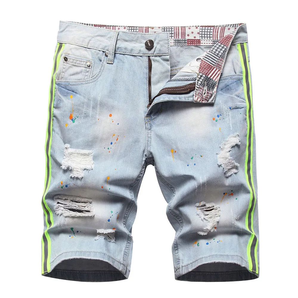 West Louis™ Neon Side Stripe Painted Holes Ripped Distressed Jeans Short