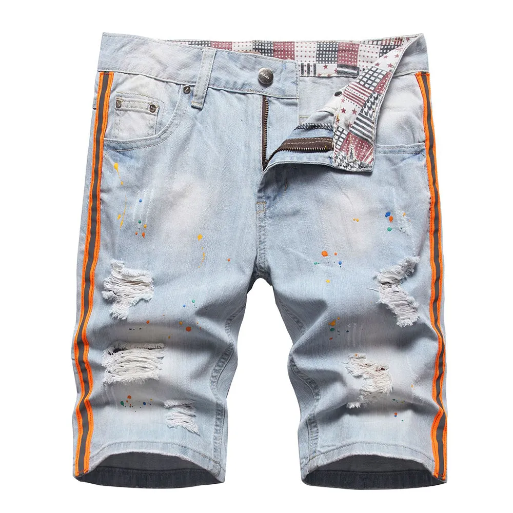 West Louis™ Neon Side Stripe Painted Holes Ripped Distressed Jeans Short