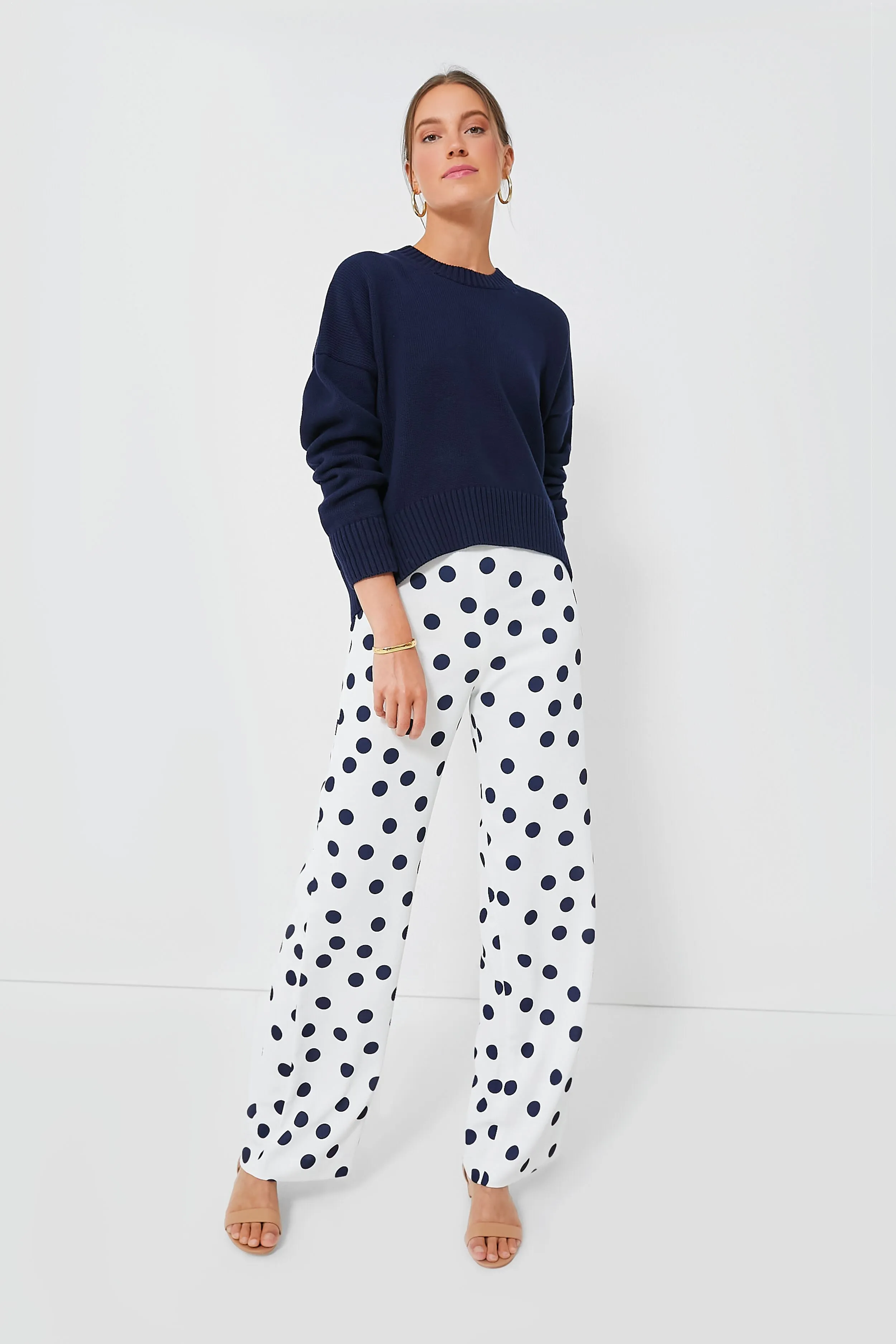 White and Navy Polka Dot Conway Pants