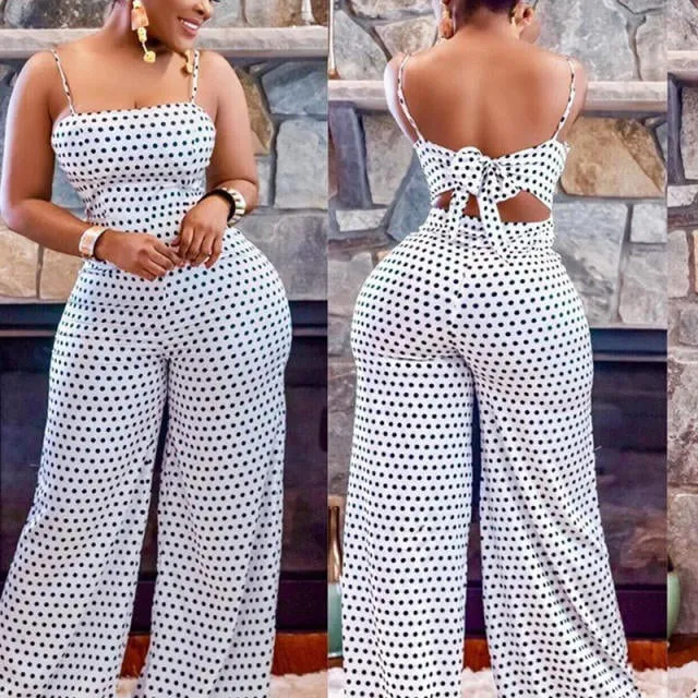 White polka dot tie back jumpsuit