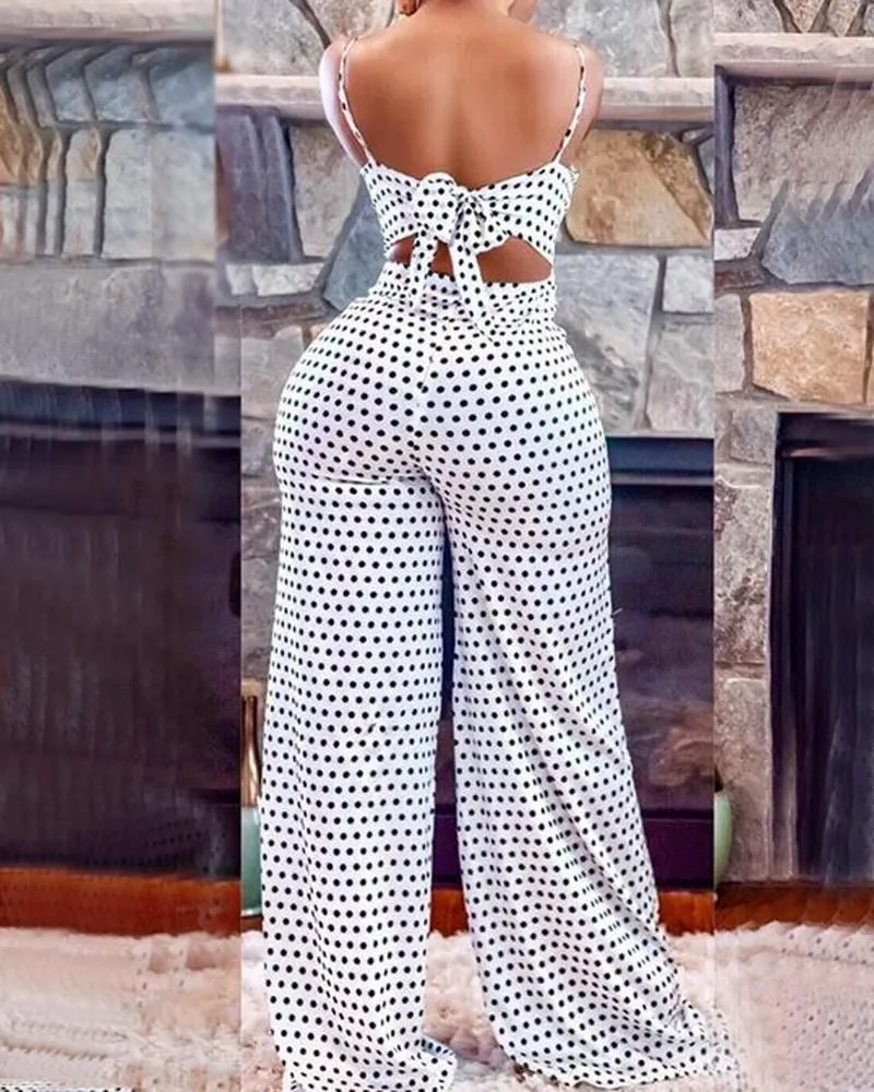 White polka dot tie back jumpsuit