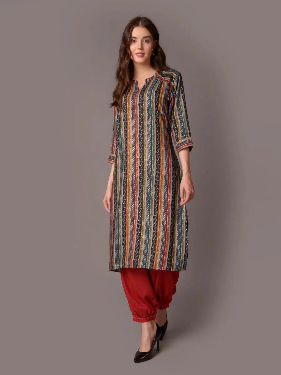 Women Blue Stripe Printed Kurta With Harem Pant