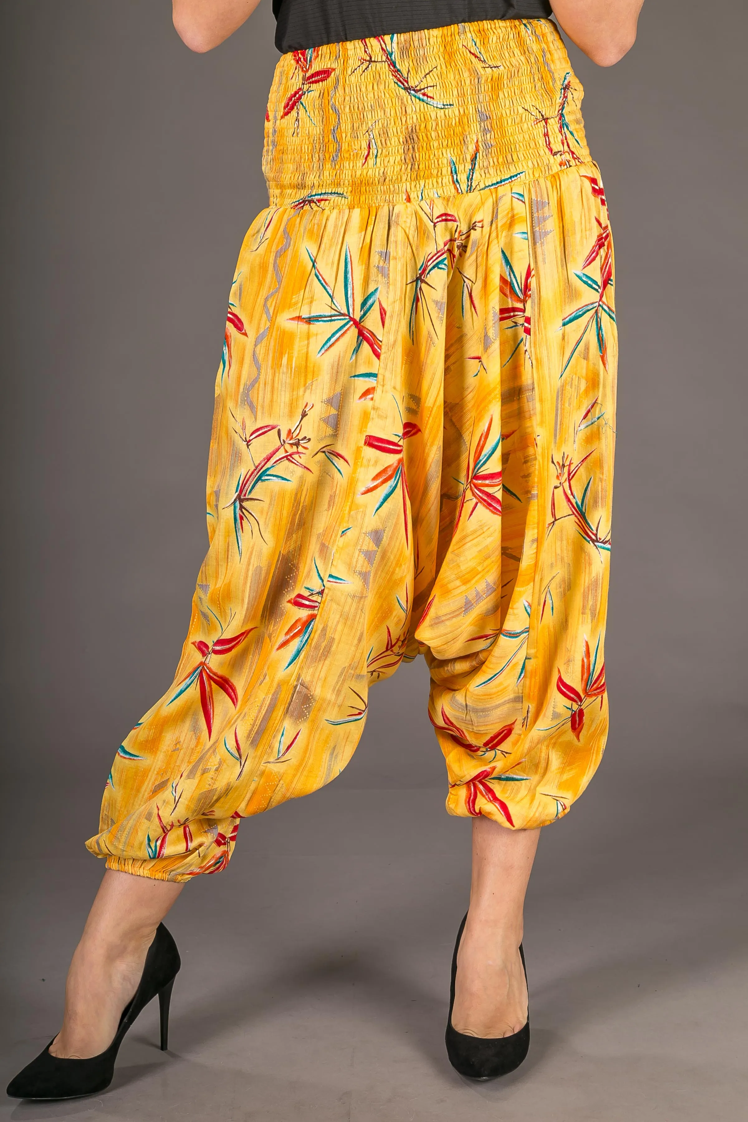 Yellow Floral Chilli Print Cotton Harem Yoga Jumpsuit Pants